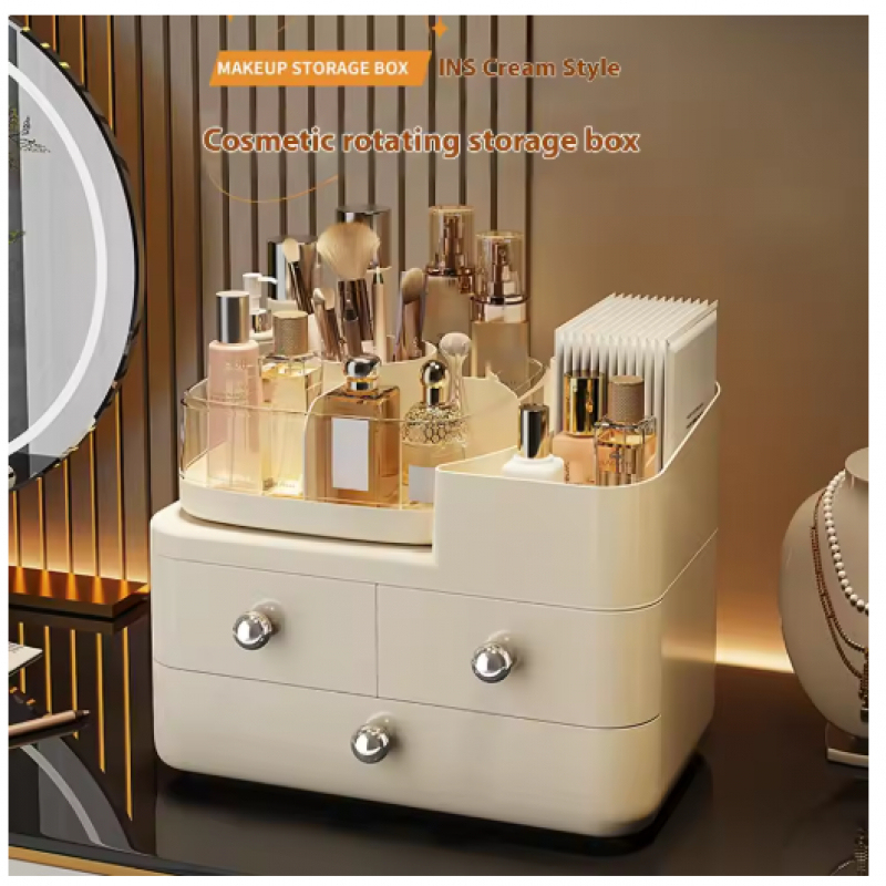 Luxury High End Skincare - โต๊ะเครื่องแป้งแบบมีลิ้นชักเก็บของสไตล์ครีมสุดหรู ชั้นวางจัดระเบียบผลิตภัณฑ์บำรุงผิว กล่องเก็บเครื่องสำอางแบบหมุนได้