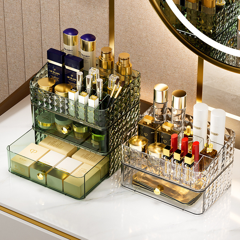 Luxury High End Skincare - กล่องเก็บเครื่องสำอางลายเพชร ดีไซน์หรูหรา ความจุขนาดใหญ่ ชั้นวางบนโต๊ะ สไตล์หรูหราเบาๆ สำหรับเก็บผลิตภัณฑ์ดูแลผิวและลิปสติก