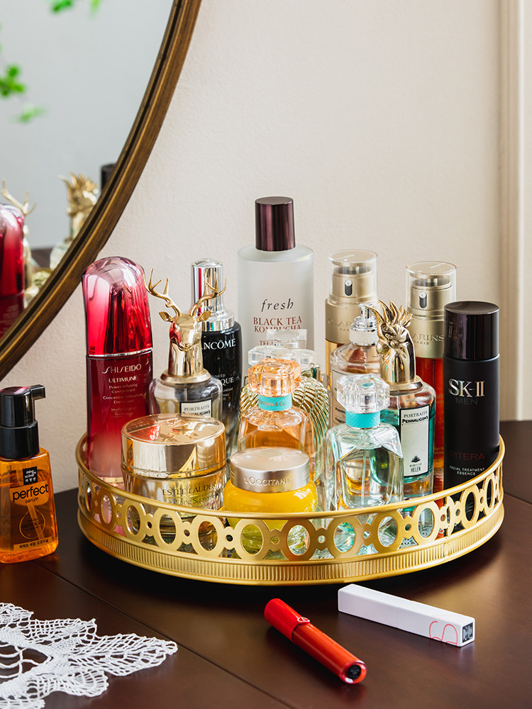 Luxury High End Skincare - ถาดวางของแต่งหน้าและผลิตภัณฑ์ดูแลผิวแบบหมุนได้ ทำจากทองเหลือง ดีไซน์หรูหรา สำหรับห้องนั่งเล่น ห้องนอน ถาดวางของบนโต๊ะระดับไฮเอนด์