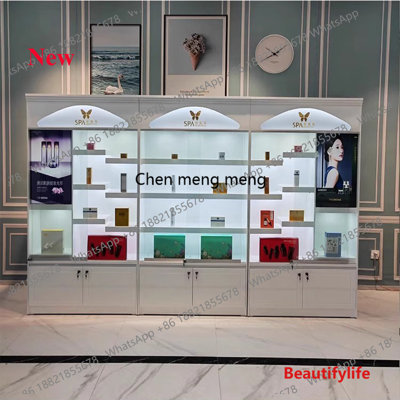 Luxury High End Skincare - ตู้โชว์ผลิตภัณฑ์ดูแลผิวหรูหราทันสมัย a55 ชั้นวางร้านเสริมสวยสไตล์มินิมอล โต๊ะโชว์ระดับไฮเอนด์ เฟอร์นิเจอร์ร้านเสริมสวย