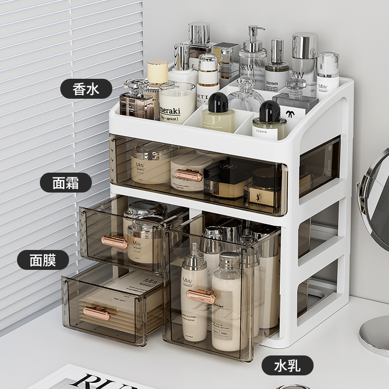 Luxury High End Skincare - เครื่องสำอางสำหรับโต๊ะเครื่องแป้ง, ผลิตภัณฑ์บำรุงผิวระดับไฮเอนด์, ชั้นวางลิปสติก, หรูหราแบบเรียบง่าย, ป้องกันฝุ่น, กล่องเครื่องสำอางแบบโปร่งใส