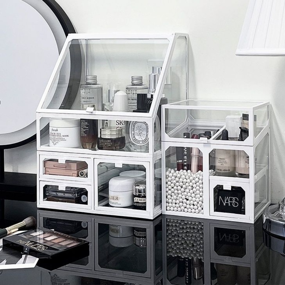 Luxury High End Skincare - กล่องเก็บเครื่องสำอางแก้วหรูหราหรูหราระดับไฮเอนด์ชั้นวางลิปสติกโปร่งใสกันฝุ่นผลิตภัณฑ์ดูแลผิว
